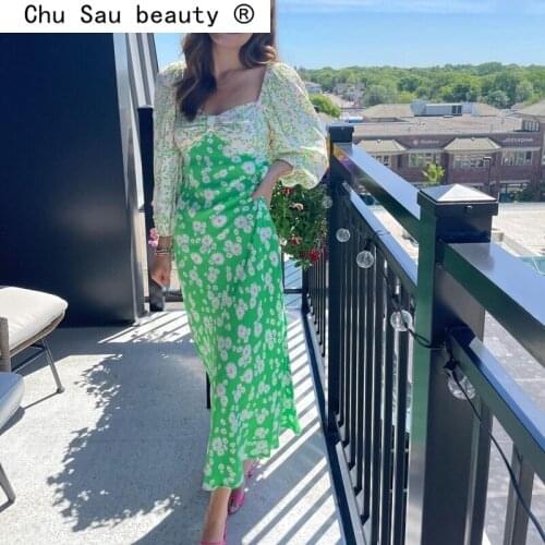 New Fashion Holiday Style Floral Printed Midi Dress Women Sweet Chic Lantern Sleeve V-neck Chiffon Dresses Female Vestidos