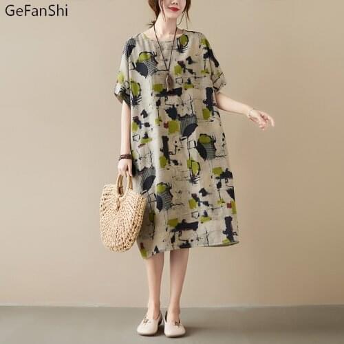 Fashion 2021 New Summer Women Dresses Casual Cotton Linen Loose Summer Dress Short Sleeve Print Big Size Dress