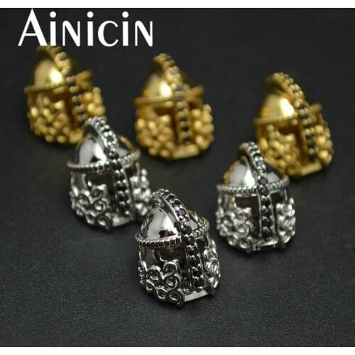 10pcs Gold Silver Plated Knights Helmet Shape Black CZ Setting Horizontal Hole Fashion Jewelry Making Beads