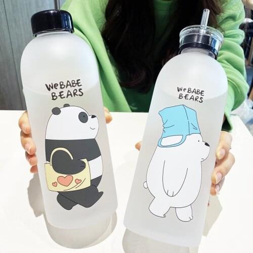 1000ml Water Bottle KONGFU Panda Cup With Straw Transparent Cartoon Water Bottle Drinkware Frosted Cup Leak-proof