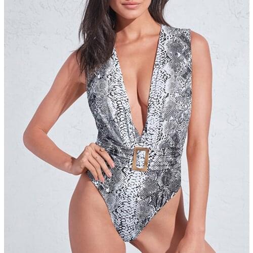 2021 Snakeskin One Piece Swimwear Female Sexy Women Swimsuit V Neck Belt Monokini Push Up Bathing Suit Beachwear