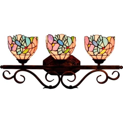 European Pastoral Tiffany Glass Wall Mirror Lamp for Bathroom Bar Aisle Decor Vintage Colorful Handmade 3 Heads Porch Light 1143