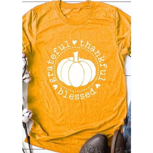 Halloween Famity Holiday Paety Tee Grateful Thankful Blessed Pumpkin T-Shirt Letter Slogan Graphic O-Neck Tops Vintage Camisetas