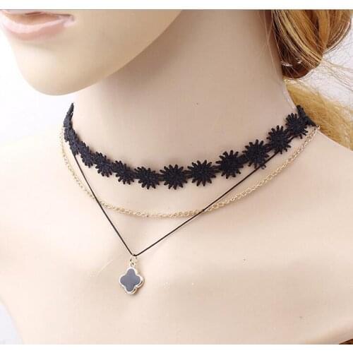 JINGLANG Fashion Lace Rope Chain Chokers Necklace Dangle Black Cross Charms Short Multilayer Necklaces For Women Jewelry