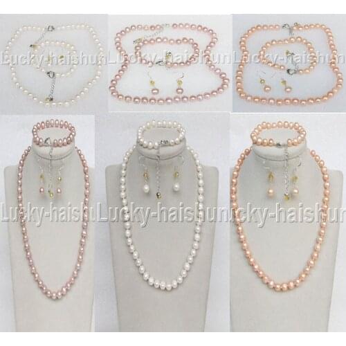 JQHS natural adjustable 18"-20" 9mm pink white purple pearls necklace bracelet Earrings set j11663-5
