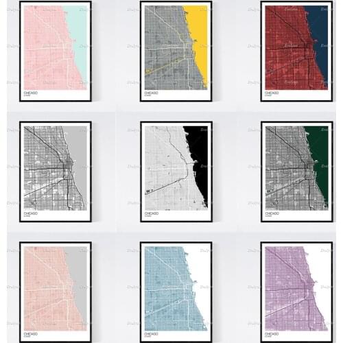 Chicago, Illinois Map Nordic Retro Minimalism Painting Posters and Prints on Canvas Wall Art Modular Pictures Home Decor