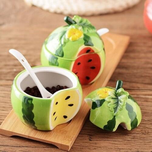 Ceramic Fruit Seasoning Pot Creative Tropical Fruit Shape Storage Tank Combination Cute Home Kitchenware Spice Jar with Spoon