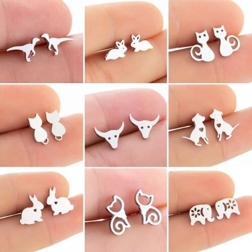 Korean Minimalist Gold Stainless Steel Cat Dog Dinosaur Rabbit Elephant Stud Earrings for Women Fashion Jewelry Accessories Gift