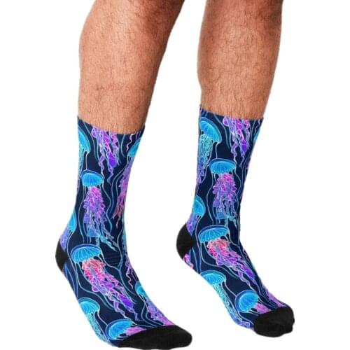 Men Socks harajuku Luminescent Rainbow Jellyfish Blue Printed Happy hip hop Novelty Skateboard Crew Casual Crazy Funny Socks