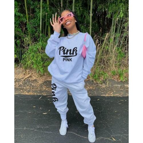 New 2020 Pink Letter Print Loose Pullover Top Baggy Jogger Sweatpants Streetwear Tracksuit Casual Two Piece Set Sporty Outfit