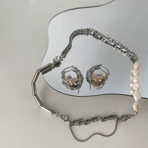 Origin Summer Temperament Asymmetric Beaded Freshwater Pearl Chokers Necklace for Women Textured Chunky Chain Rhinestone Jewelry