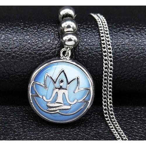 2021 Moonstone Stainless Steel Buddha Lotus Yoga Statement Necklace Women Long Necklaces & Pendants Jewelry cadenas mujer N20S04