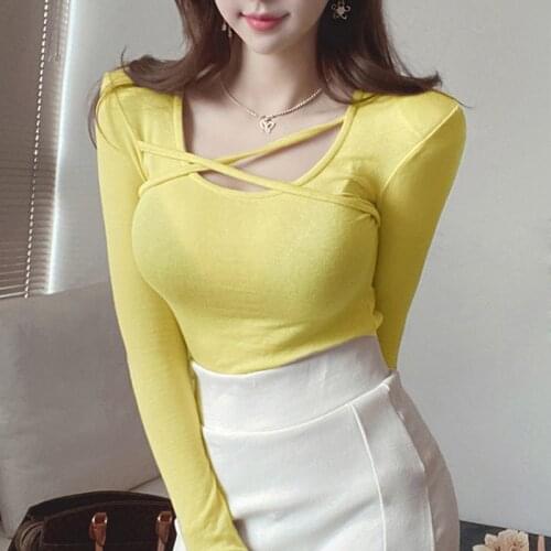 Sexy U-Neck Thin T-shirt See Through Slim High Quality T Shirt Women Cotton Elastic Basic Tee Shirt Female Korean Style Tops