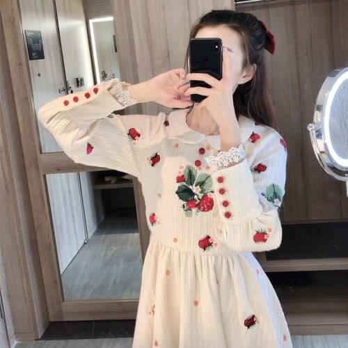 Women Japanese Mori Girl Flower Embroidery Peter Pan Collar Dress Sweet Women Princess Long Dresses Female Jurk Jurken