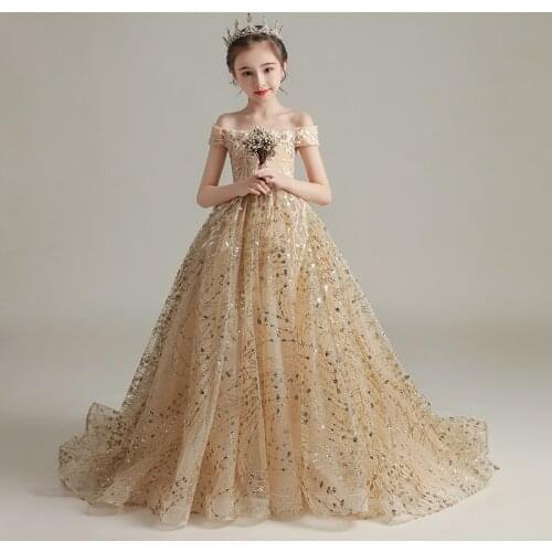 Flower Girl Dresses Princess Beading Sequined Off The Shoulder Boat Neck Tulle Pearls Embroidery Ball Gown Kids Party Skirt H038