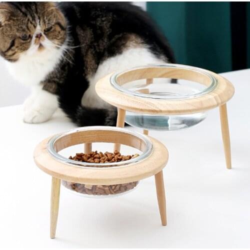 Adjustable Raised Pet Glass Bowl with Wooden Stand for Cat and Dog No Spill Pet Food Water Feeding Bowls _WK