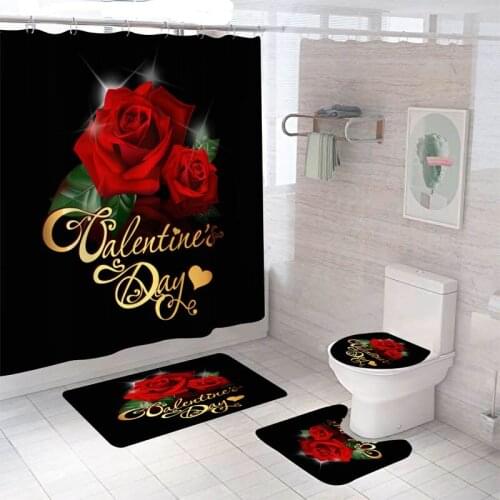 Rose Waterproof Bathroom Shower Curtain Set with Bath Mats and Rugs Toilet Seat Cover Bathroom Decor Polyester Fabric Washable