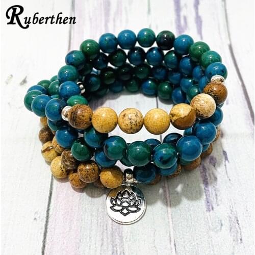 Ruberthen Picture J asper 108 Mala Bracelet Yoga Meditation Japa Mantra Bead Lotus Bracelet Best Energy Protection Yogi Jewelry