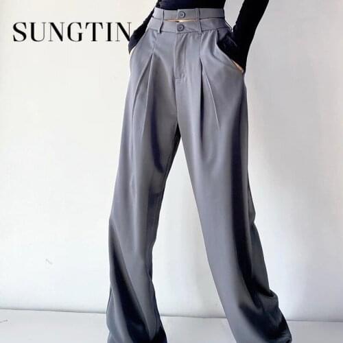 Sungtin Design High Waist Straight Wide Leg Pants Women Solid Vintage Loose Long Pants Office Lady Suit Trousers 3 Colors 2021