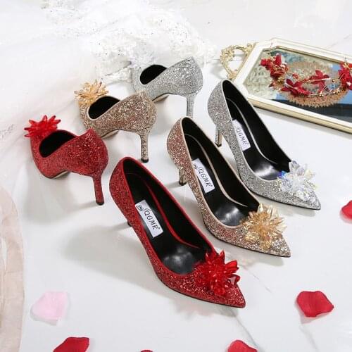 2020 New Arrival Fashion Crystal Flower Bride Wedding Shoes Women Ponted Toe Slip-On Party Dress Shoes Spike Heel Banquet Bride