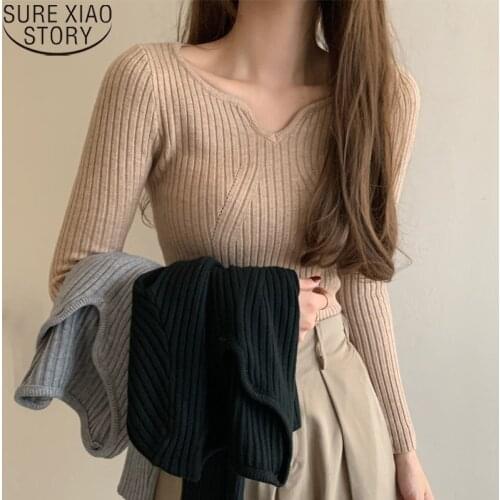 Autumn Elegant Vintage Casual Tops Korean Fashion Slim Fit Sweaters Women Pullovers V-neck Knitted Sweater Bottoming Shirt 16177