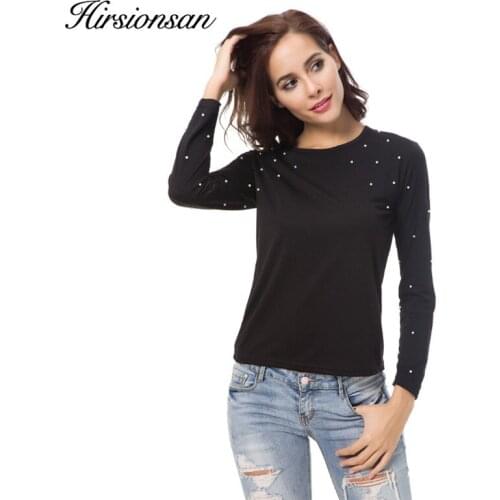 Hirsionsna Pearl Beading Tee shirt women 2018 Spring Long sleeve Brand Black T shirt femme casual O Neck Elegant Tops for women