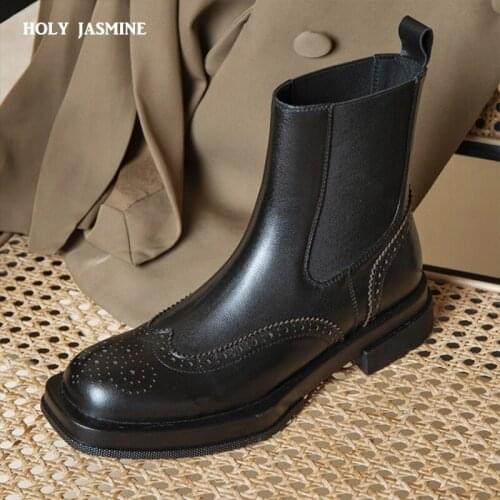 Elegant Genuine Leather 2020 Winter New Bullock boots Shoes for Women Platform Chunky Heels Pumps Newest Party Basic Shoes Woman