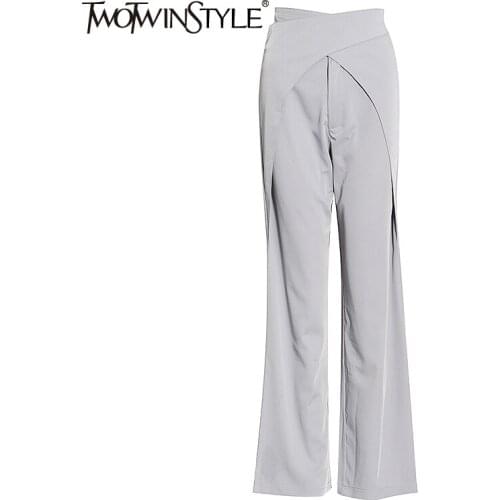 TWOTWINSTYLE Vintage Asymmteircal Women Full Length Pants High Waist Loose Wide Leg Pant For Female Fashion Clothes 2020 Summer