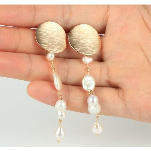Women Natural Freshwater Pearls Long Tassel Dangled Earrings Stud White Baroque Pearl Earring Gold Color France Elegant Jewelry