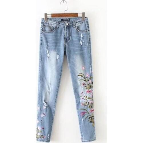 Womens Korean Fashion Flower embroidery Slim Jeans Female Sexy ripped Jeans Elastic long pants TB767