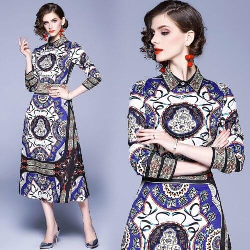 New Spring Summer Fall Runway Floral Print Collar Long Sleeve Button Front Women Ladies Party Casual Beach A-Line Midi Dress