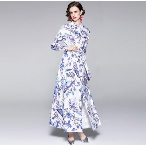 Runway Autumn Spring Vintage Long Sleeve Print Floral High Waist Elegant Boho A-Line Party Maxi Dress Women 2021 k5643