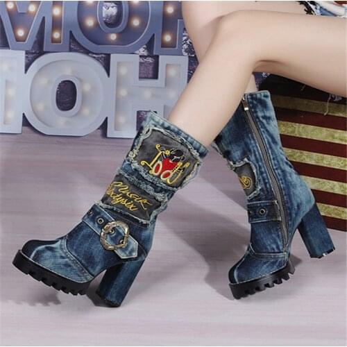 Embroidery Winter Warm Boots Women Chunky High Heel Botas Mujer Platform Denim Boot Strap Jean Shoes Woman Plus Size 42