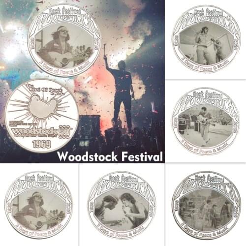 5pcs WR 50th Anniversary Woodstock Festival Silver Coin Collectibles with Holder Rock Music Original Coin Gift Item Dropshipping