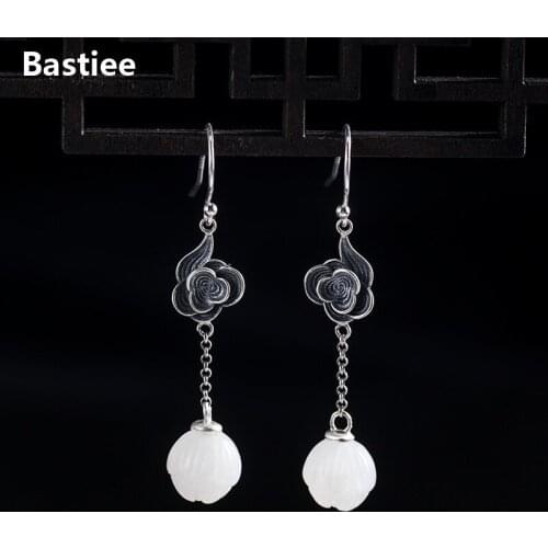 Bastiee Jade Drop Earrings 925 Sterling Silver Jewelry For Women Vintage Magnolia Flower Earings Chinese Auspicious Clouds
