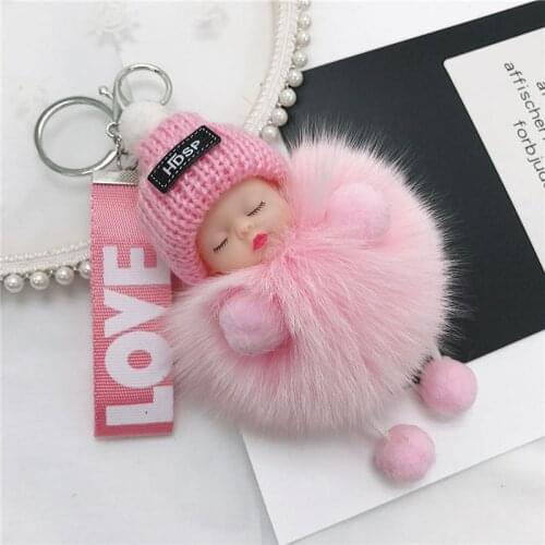 2021 Cute Imitated Baby Key Chain Real Genuine Fox Fur Ball Pompom wristband Ring Bag Pendant Knitted Hat Charm For Women F334