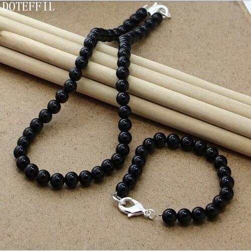 DOTEFFIL Black Agate 8mm Beaded Chain 925 Silver Buckle Necklace Bracelet Set For Women Wedding Engagement Jewelry
