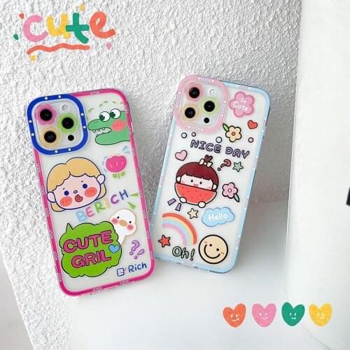 Korean Cartoon Animal Graffiti Girl Phone Case for iphone11 12ProMax XR 7 8Plus Mini Cute Flower Camera Protective Clear Cover