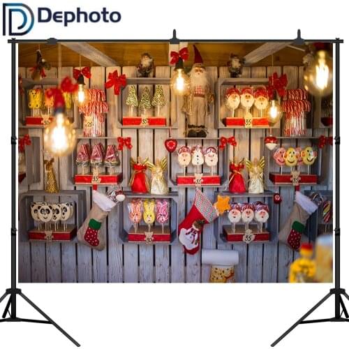 Dephoto Photography Background Christmas Shop Lollipop Doll Wood Wall Backdrop Photo Background Studio Camera Shoot Prop