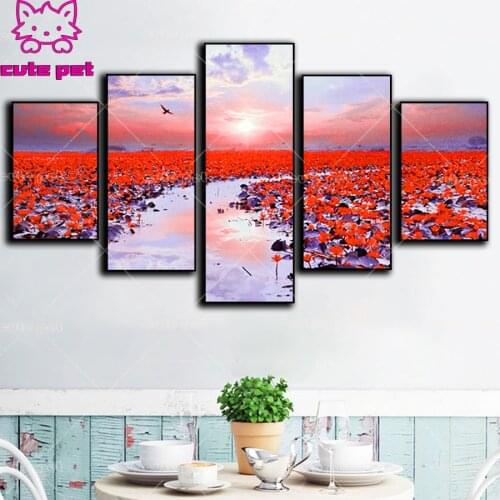 DIY Diamond Painting Lotus pond landscape 5PCS Square Round Drill 3d Diamond Embroidery Diamond Mosaic Decor Hobbies And Crafts