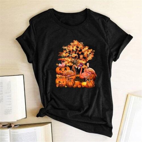 Flamingos Pumpkins Print Halloween T-shirts Women Summer Aesthetic Clothes Harajuku Tops for Teens Short Sleeve Streetwear Femme