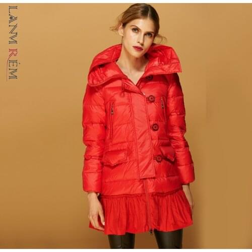 LANMREM black warm winter coat with hooded collar loose with zipper womens clothes medium length down jacket fashion new 2A1562