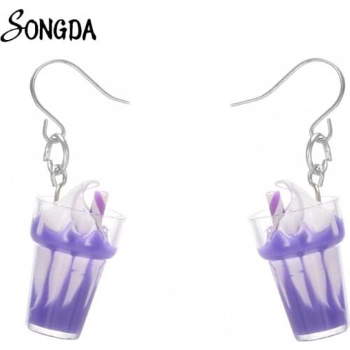 Fashion Kawaii Ice Cream Pattern Acrylic Fish Hook Drop Earrings Milk Tea Cup for Women Girls Pendant Accessories Jewelry Gifts