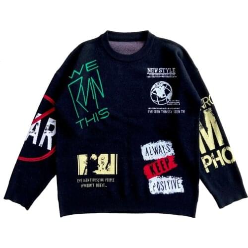 Mens Round Neck Sweater Casual Loose Jacquard Sweater Mens Trend Round Neck Pullover Top Autumn Letter Sweater