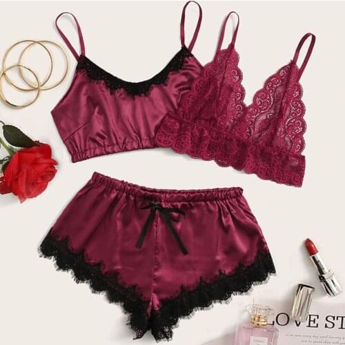 New 3PCS Fashion Lingerie Women Sexy Bra Set Sleepwear Soft Satin Lace Patchwork Bowknot Silk Short Pajama Sets HB183