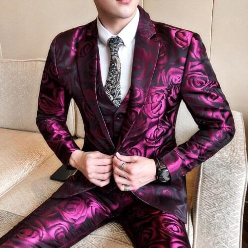 New arrive jacquard suit men High quality printed rose casual tuxedo wedding mens suit plus size 2020 summer fashion party suit