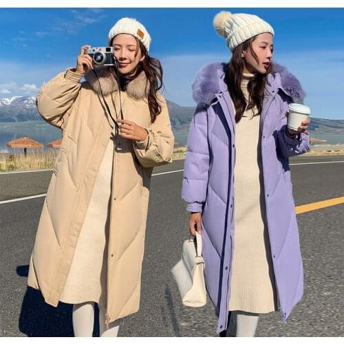 Aibeautyer New Winter Loose Large Fur Collar Fashion Solid Cotton Padded Coat Lady Hooded Parkas Warm Thickness Padded Outwear