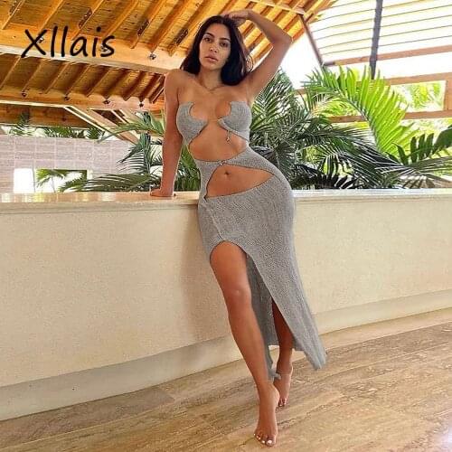 XLLAIS Sexy Cut Out Bodycon Dress For Women 2021 Sleeveless Spaghetti Strap Midi Robe Beach Vestidos Elegant Para Mujer