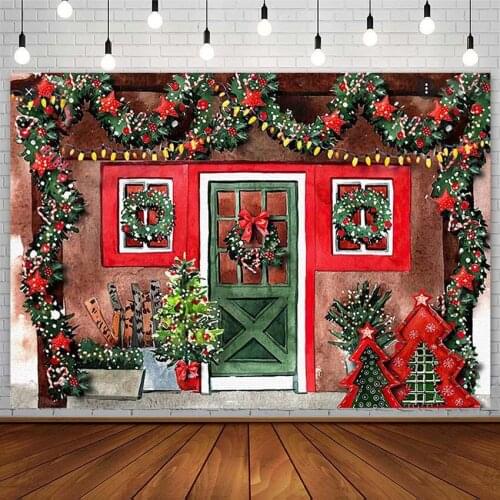 Christmas Backdrops Tree Winter Wreath House Star Lights Green Door Child Portrait Photography Background Photo Studio Photozone