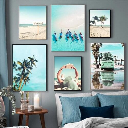 Scandinavia Beach Yacht Touring Car Wall Art Poster Coconut Tree Art Print Women Reading Book Canvas Painting Living Room Decor